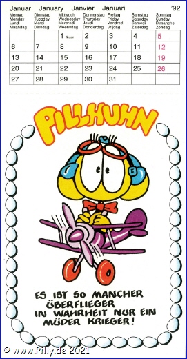 Pilly Pillhuhn Kalender Freche Sprüche 1992 Januar Pillhuhn als Flieger