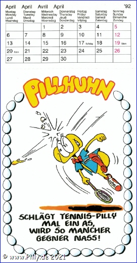 Pilly Pillhuhn Kalender Freche Sprüche 1992 April Pillhuhn spielt Tennis