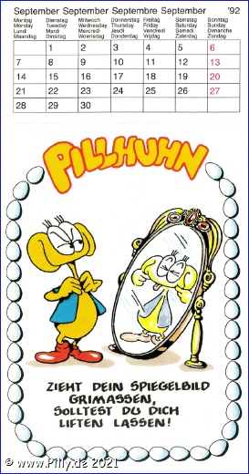Pilly Pillhuhn Kalender Freche Sprüche 1992 September Pillhuhn als Spiegelbild