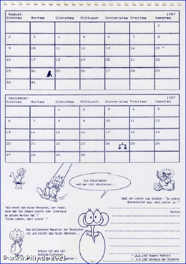 Pillhuhn Schülerkalender 1988 Kalenderblatt August-September 1987