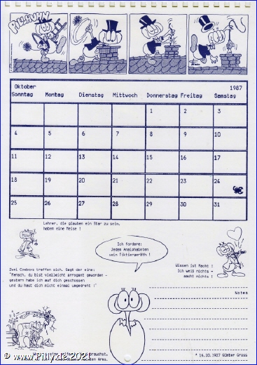 Pillhuhn Schülerkalender 1988 Kalenderblatt Oktober 1987