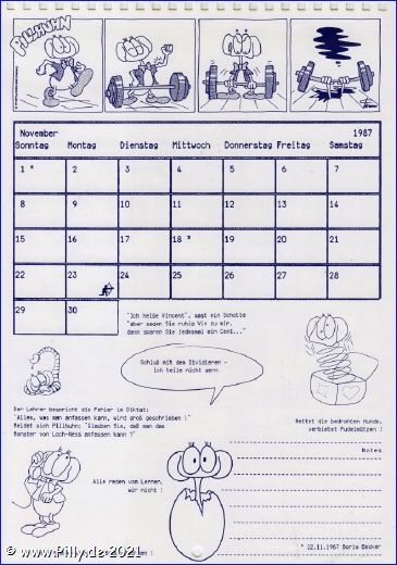 Pillhuhn Schülerkalender 1988 Kalenderblatt November 1987