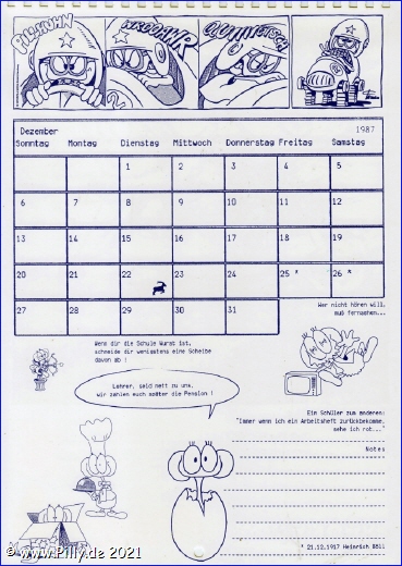 Pillhuhn Schülerkalender 1988 Kalenderblatt Dezember 1987