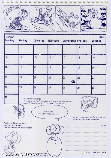 Pillhuhn Schülerkalender 1988 Kalenderblatt Januar