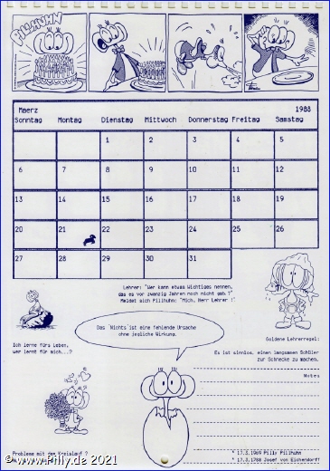 Pillhuhn Schülerkalender 1988 Kalenderblatt März