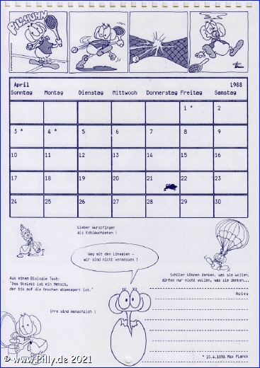 Pillhuhn Schülerkalender 1988 Kalenderblatt April