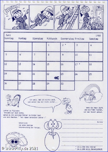 Pillhuhn Schülerkalender 1988 Kalenderblatt Juni