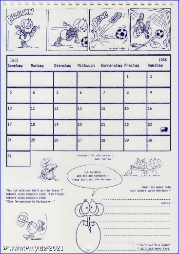 Pillhuhn Schülerkalender 1988 Kalenderblatt Juli
