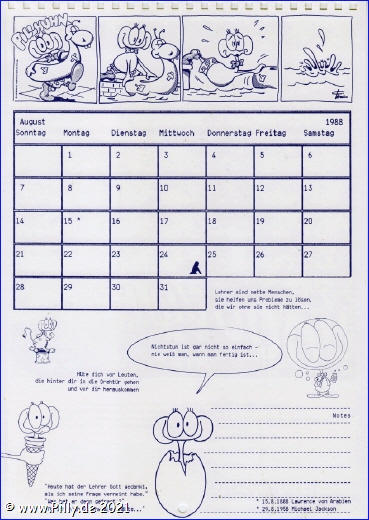 Pillhuhn Schülerkalender 1988 Kalenderblatt August