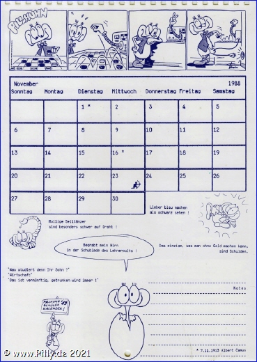 Pillhuhn Schülerkalender 1988 Kalenderblatt November
