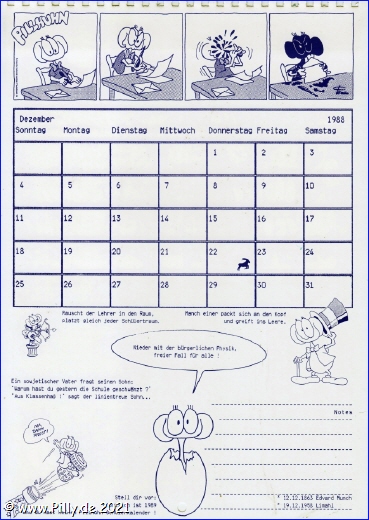 Pillhuhn Schülerkalender 1988 Kalenderblatt Dezember