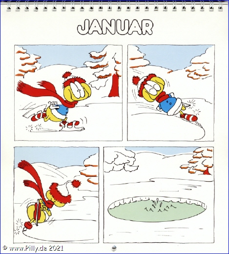Pillhuhn Schülerkalender 1987 Januar Pillhuhn beim Eislaufen