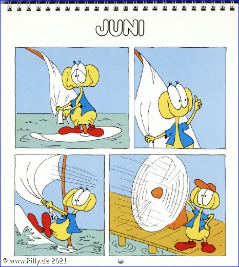 Pillhuhn Schülerkalender 1987 Juni Pillhuhn beim Surfen