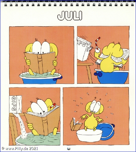 Der Schülerkalender 1987 Juli Pillhuhn Fußbad, lesen, Gips