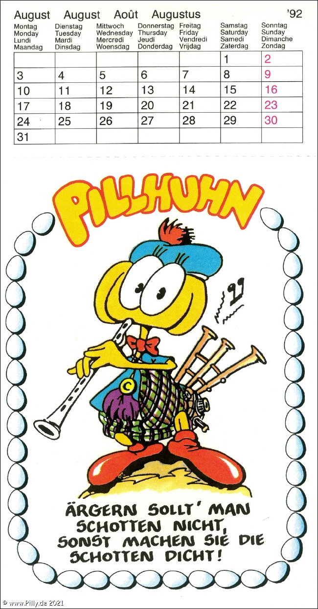 Pilly Pillhuhn Kalender Freche Sprche 1992 August Dudelsack