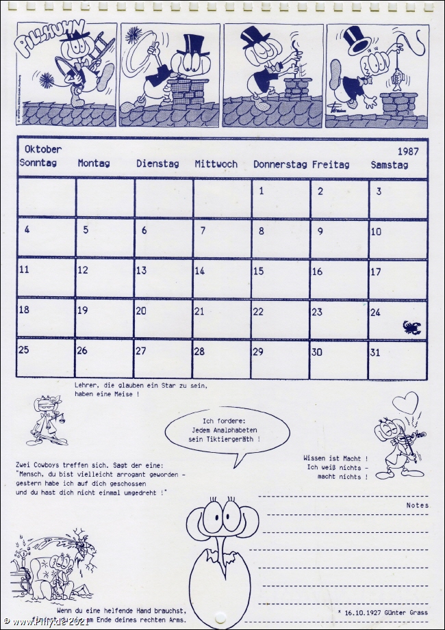 Pillhuhn Schlerkalender 1988 Kalenderblatt Oktober 1987