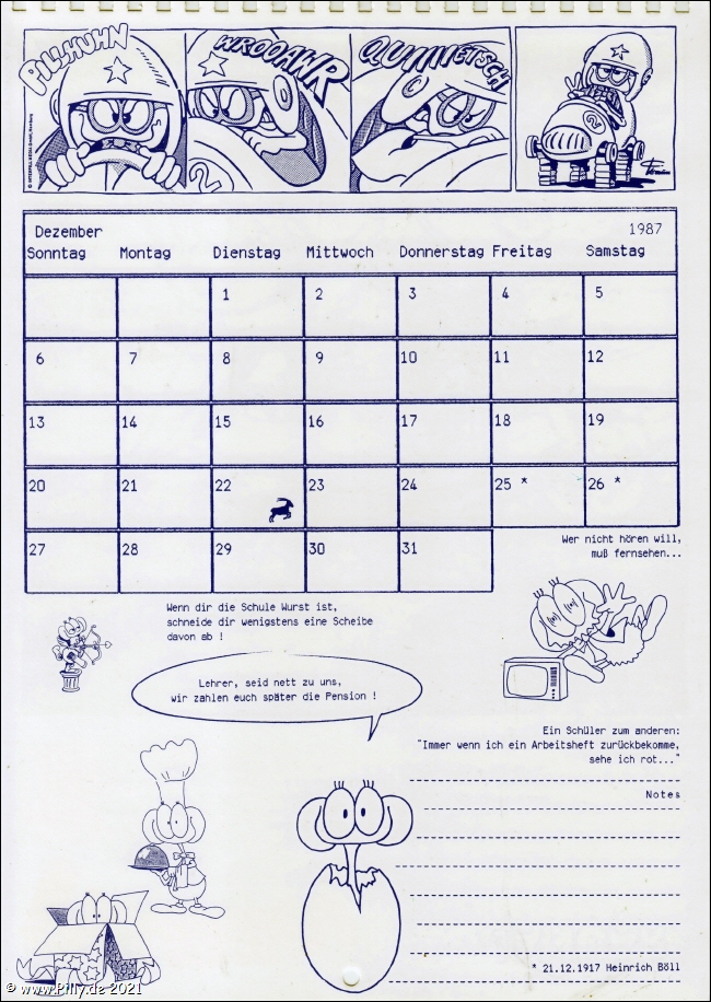 Pillhuhn Schlerkalender 1988 Kalenderblatt Dezember 1987