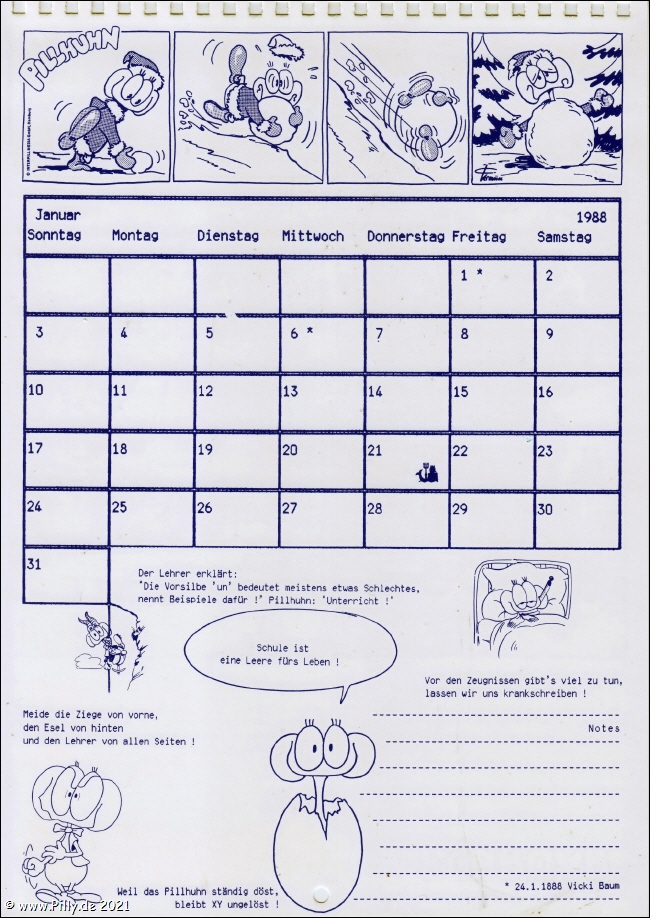 Pillhuhn Schlerkalender 1988 Kalenderblatt Januar