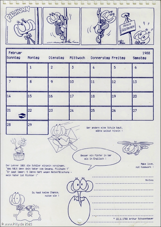 Pillhuhn Schlerkalender 1988 Kalenderblatt Februar