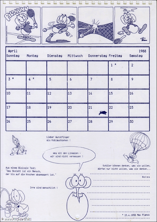 Pillhuhn Schlerkalender 1988 Kalenderblatt April