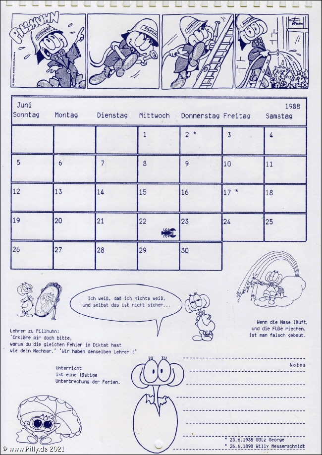 Pillhuhn Schlerkalender 1988 Kalenderblatt Juni