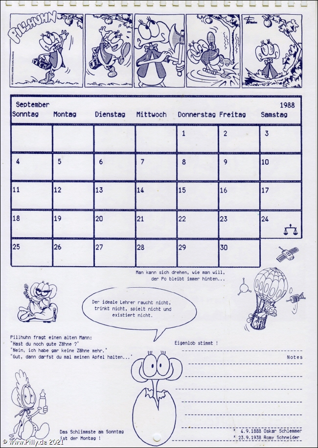 Pillhuhn Schlerkalender 1988 Kalenderblatt September