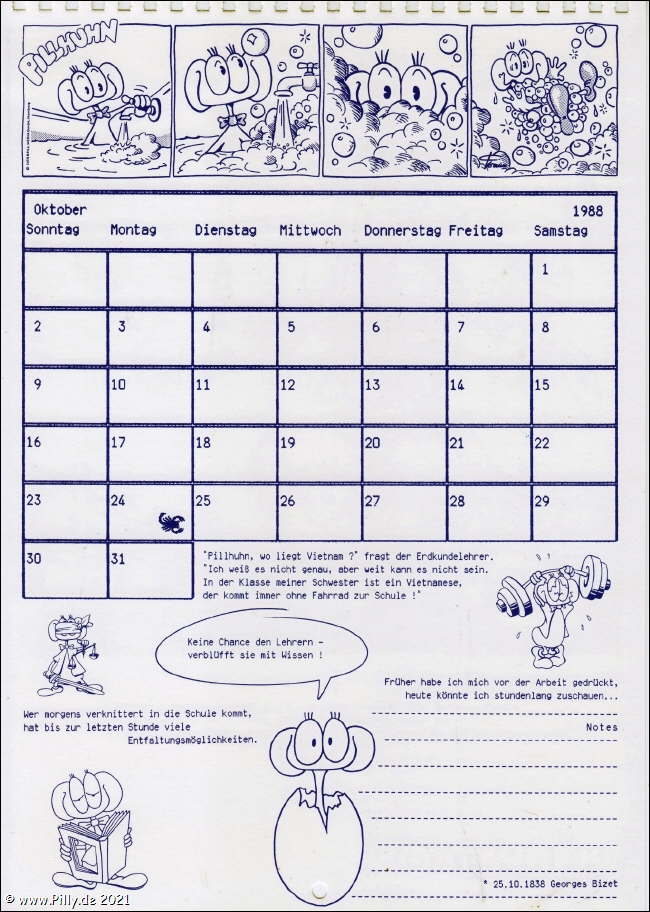 Pillhuhn Schlerkalender 1988 Kalenderblatt Oktober