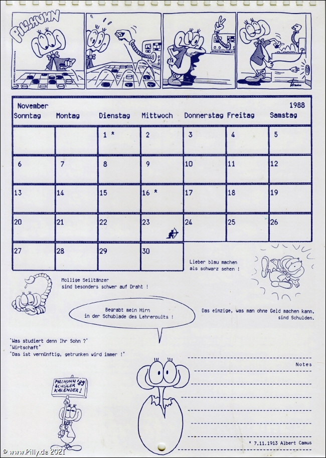 Pillhuhn Schlerkalender 1988 Kalenderblatt November
